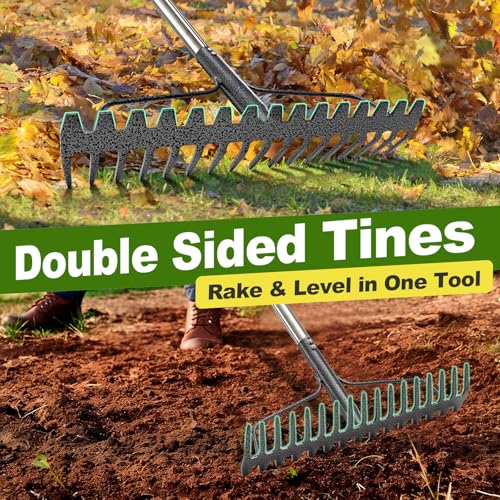 Bow Rake, 79" Heavy Duty Garden Rake with Wide 17 Tines Head & Stainless Steel Handle, Adjustable Rakes for Lawns Yard Loosening Soil Thatching Gathering Leaves Gravel - style: 79 inch
