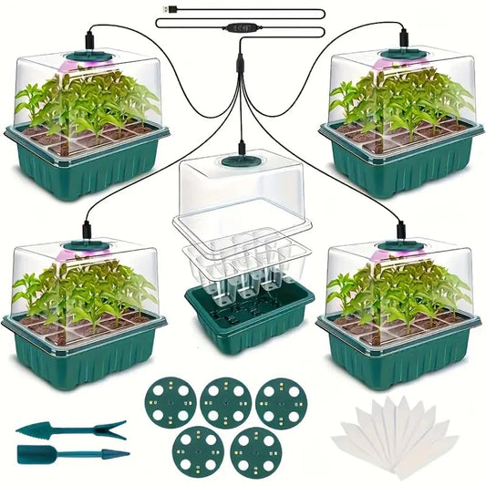 CJGQ 5Sets Seed Starter Tray with Grow Light, Elevated Seedling Starter Trays Kits with Adjustable Humidity Domes and Clear Cell Tray for Greenhouse Seeds Growing Starting