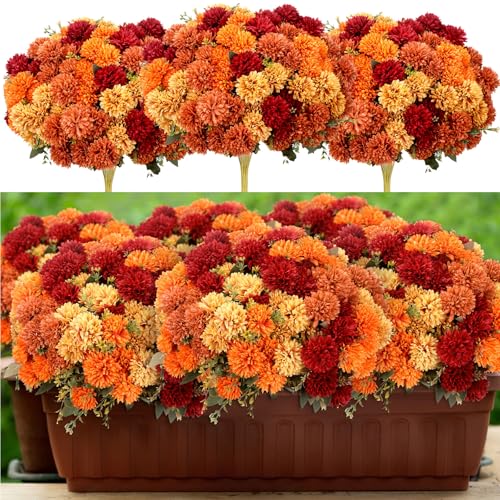 XunYee 12 Pcs Fall Artificial Flowers for Outdoor Faux Mums,Burnt Orange - color: Burnt