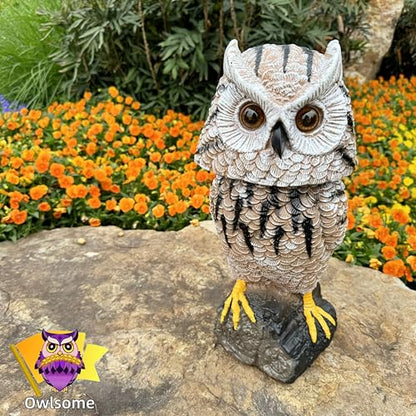 Owlsome Solar Tiger Owl with Flashing Eyes, Rotating Head, Hoot Sound, Motion Detector and Silent Mode, Plastic Owl Garden Sculpture, Garden Decoration
