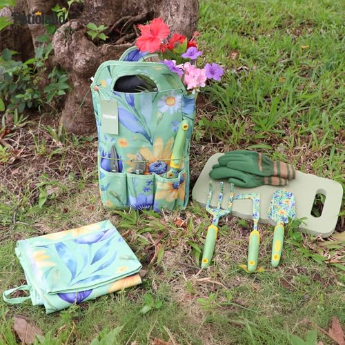 10 Piece Garden Tools Set, Gardening Hand Tools Kit with Heavy Duty Rust-Proof Aluminum Tools, Organizer Tote Bag, Apron, Gloves & Kneeling Pad, Ideal Gardening Gifts for Women, Mom, Grandma & Wife - color: green floral-10pcs
