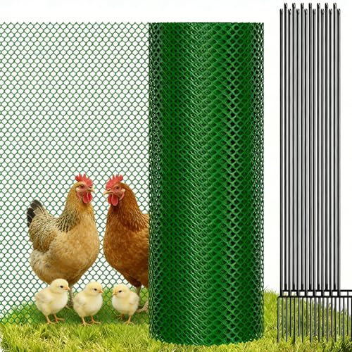 Plastic Chicken Wire Mesh Fence with Metal Stakes, 39.4in x 82ft - color: Green Diamond Grid