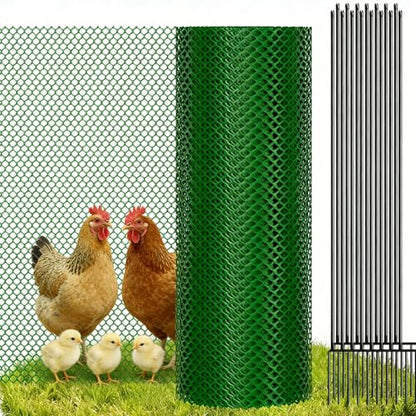 Plastic Chicken Wire Mesh Fence with Metal Stakes, 39.4in x 82ft - color: Green Diamond Grid