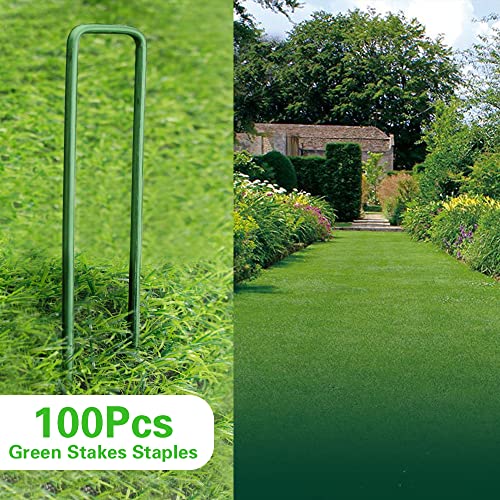 Bakulyor 100Pcs Green Landscape Staples 6 Inch Garden Artificial Turf Stakes Staples, 11 Gauge Lawn Galvanized Ground Fabric Pins for Weed Barrier Sod Decorations Holding Fence and Irrigation Tubing