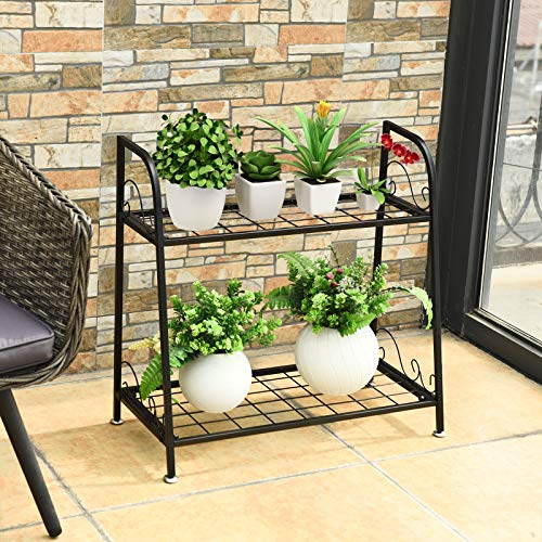 Giantex 2 Tier Metal Plant Stand, Indoor Outdoor Plant Shelf, Flower Rack Display Shelf, Flower Pots Holder with Adjustable Feet for Garden, Balcony, Living Room (2-tier (25'' x 12'' x 24.5'')) - size: 2-tier (25'' x 12'' x 24.5'')
