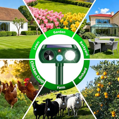 2026 Sonic Fortress Pro Deer Repellent for Plants,4 Pcs Cat Repellent Outdoor Motion Sensor Solar Animal Repellent Ultrasonic Outdoor for Squirrel Rabbit Skunk Racoon Fox Strobe Light,IP65 Waterproof