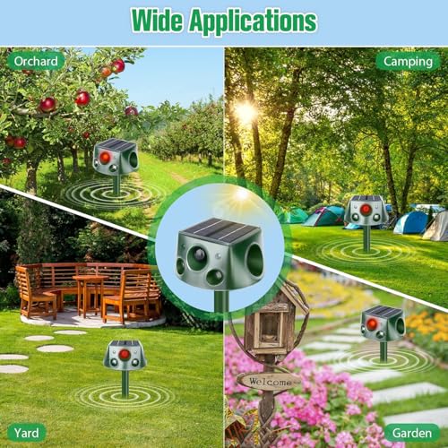 Squirrel Repellent,4 Sided 360° Cat Repellent Outdoor with 7 Modes Adjustable,IP66 Waterproof Deer Repellent Devices,Double-Sided Flashing Light & Ultrasonic Speaker for Cat Squirrel Bird Dog Deer