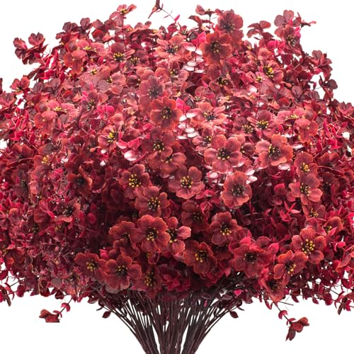Grunyia 16 Bundles Artificial Boxwood Flowers Outdoor UV Resistant, 13.5" Fall Faux Greenery for Porch Planters Thanksgiving Decor - Fake Plants for Garden, Fireplace, Front Door(Wine Red) - color: Wine Red