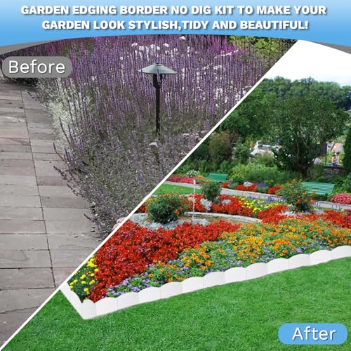 Vashly No-Dig 30Ft Landscape Edging, 6 Inch Tall Garden Edging Garden Edging Border, 30Pcs Flower Bed Edging Border with 30Pcs Stakes - color: White
