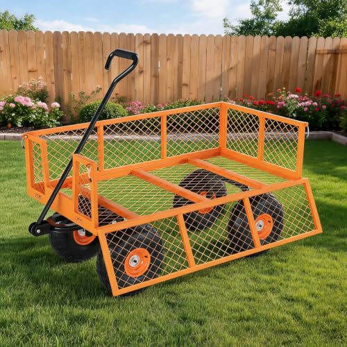 Heavy Duty Steel Garden Cart - 500 lbs Capacity, Outdoor Utility Wagon, Removable Mesh Sides, 10" Wheels, Flexible Handle for Yard, Lawn, Gardening, 3-in-1 Design - Orange (Pantone Orange - color: Orange, size: 500 LBS