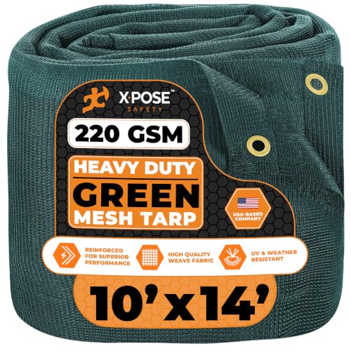 Xpose Safety Heavy Duty Green Mesh Tarp 10' x 14' – 70% Sunblock Shade Cloth with Grommets for Garden, Fence, Privacy Screen, Canopies, Dump Trucks, Pool Cover – Tear & Weather Resistant - color: Green, size: 10' X 14'