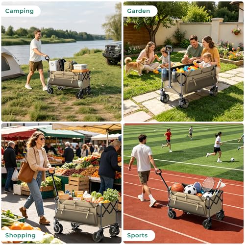SUNNYFEEL 300L Collapsible Wagon Cart with Big Wheels, 550LBS, Khaki - color: Khaki