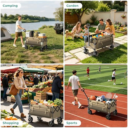 SUNNYFEEL 300L Collapsible Wagon Cart with Big Wheels, 550LBS, Khaki - color: Khaki