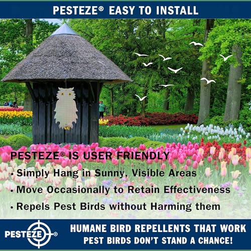 PESTEZE USA Premium Owl Bird Repellent Holographic Decoy with 2 Bells [8.25 × 15 in] Uses Reflective Shine & Sound to Deter Woodpeckers, Pigeons, Crows, Ducks, Geese & Other Outdoor Pests Without Harm