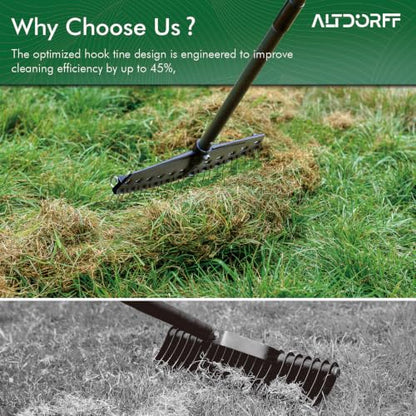 Altdorff Thatch Rake with Thin Hook Design Glides, Dethatcher Rake for Lawns with 66.9’’ Steel Handle, Dethatching Thatching Rake for Pine Needles, Dead Grass, Garden Debris