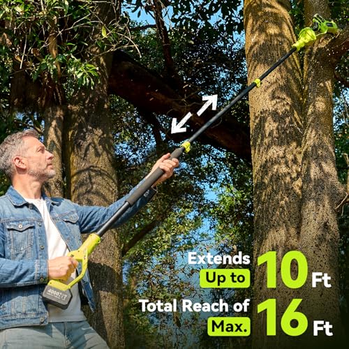 Electric Pole Saws for Tree Trimming, 8 Inch & 6 Inch Mini Chainsaw Cordless with Extension Pole, 16Ft Reach, 2x4.0Ah Battery, Auto Oiling, Tool-Free Chain Tensioning, Tree Trimmer for Branch Limb Cut - color: Grass Green