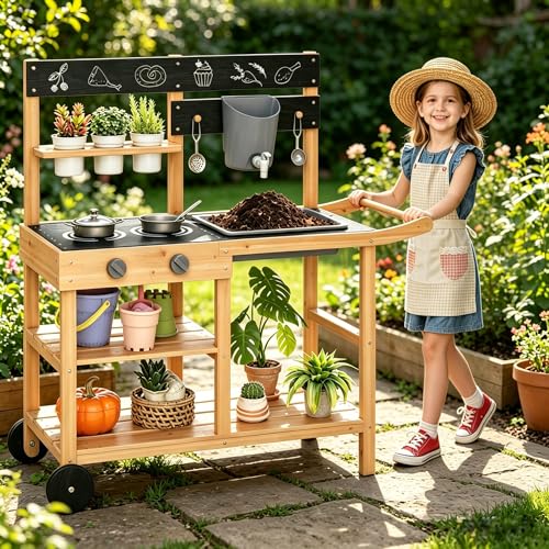 Costzon Mud Kitchen w/Wheels, Wooden Kids Potting Bench w/Planting Pots - style: With Wheels