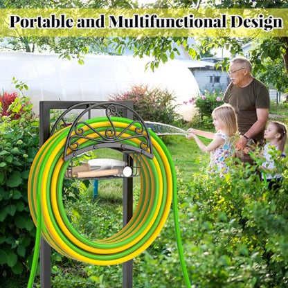 Garden Hose holder, 4-Spike Heavy Metal with Storage Basket, Swirl - style: Floral with Storage Basket