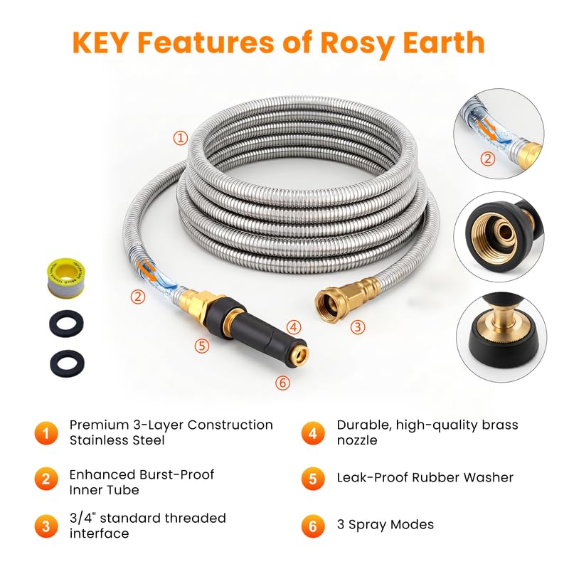 Rosy Earth 125 FT Garden Hose Expandable, 304 Stainless Steel Water Hose - size: 125FT