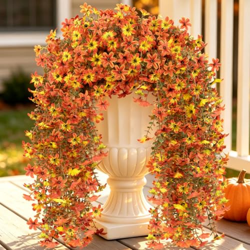 10PCS Artificial Fall Hanging Flowers for Outdoor Realistic hanging Mums - color: Orange-yellow