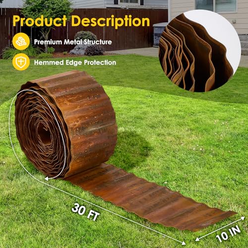 Vehipa Corrugated Landscape Edging 10" x 30 Ft Metal Garden Edging Rusty - color: Rusty, size: 10Inches x 30FT