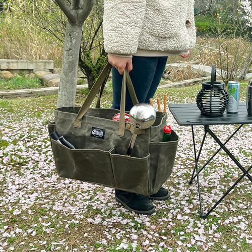 Portable Garden Camping Tool Storage Bag,Waxed Canvas Firewood Carrier Tote bag,Collapsible Sturdy Garden Basket Great for Women, Gardener, Electrician, Repairer(Army Green) - color: Army Green