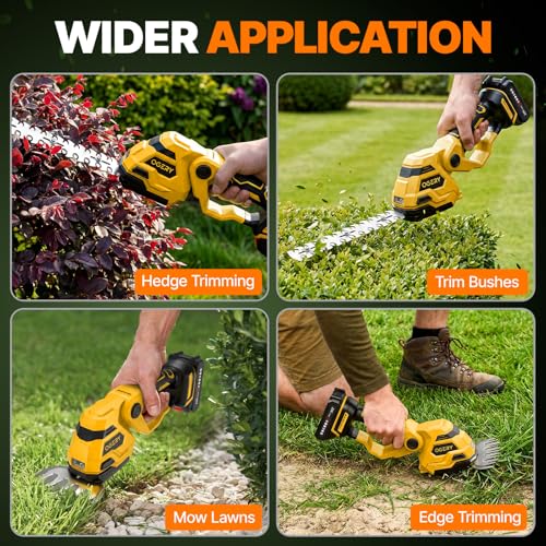OGERY 21V Cordless Hedge Trimmer & Grass Shears, 2-in-1 Powerful Dual Batteries Electric Bush Trimmer with 8.9” Hedge Blade & 5.1” Grass Trimmer, Adjustable Angle, Lightweight for Garden & Lawn Care