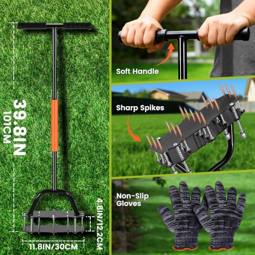 Manual Lawn Aerator Tool with 17 Spikes, Soil Aerating Tool with Gloves
