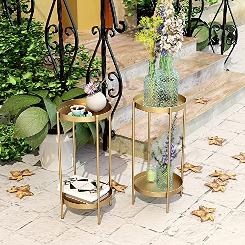 2 Tier Plant Stand Indoor Outdoor - 10.5in Width 24in Tall Flower Pot Rack - color: Gold