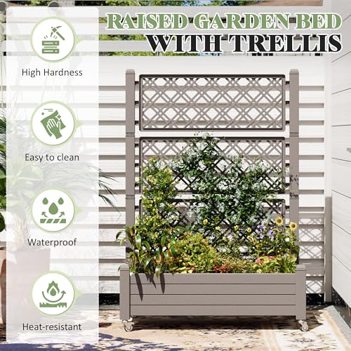 Trellis Raised Garden Bed, Self-Watering Planter Box, Brown - color: Medium Grey, size: 61.2" H