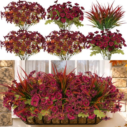 18PCS Artificial Fall Flowers Outdoors, UV Resistant Fake Mums with Grass - color: Burgundy Daisies & Violets & Grass