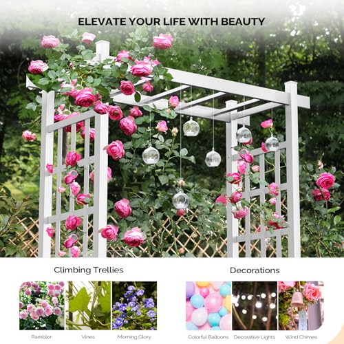 VINGLI Garden Arbor with Gate, PVC Wedding Arch for Ceremony Party, Garden Trellis for Climbing Plants Outdoor, Arch Backdrop Stand for Garden, Backyard, Lawn, Wedding