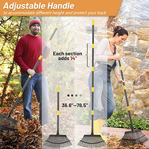 Garden Rake for Leaves, 18" Wide Head, 25 Steel Tines, Adjustable to 74 in - color: matte black, size: 25tine