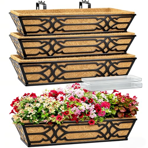 4 Pack 24 Inch Window Boxes Planters with PET Tray and Coco Liner, Metal Railing Planter Boxes for Outdoor Plants, Heavy Duty Hanging Garden Trough for Porch Deck Railing and Backyard Fence - size: 24 Inch