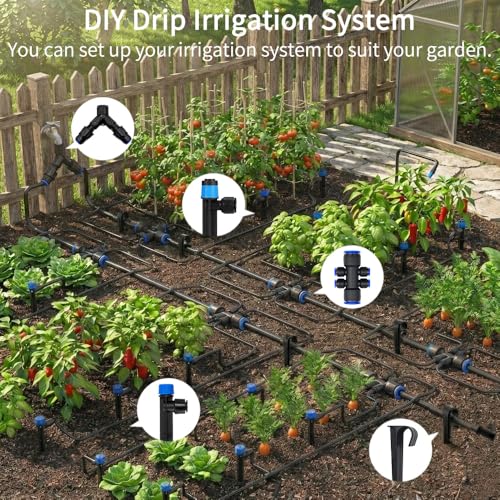 230FT Quick-Connect Drip Irrigation System Kit, Automatic Garden Watering System with 1/4" & 1/2" Tubing - Adjustable Nozzles & Sprinklers for Garden, Greenhouse, Lawn, Potted Plants - size: 33FT Main tube+197FT 1/4'' tube
