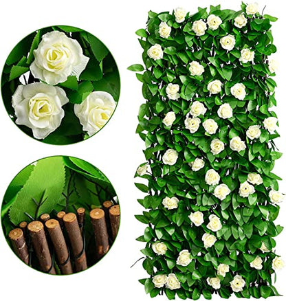 DOEWORKS Expandable Faux Ivy Trellis Fence, Patio Privacy Screen, 2 Pack - color: White Rose Greenery, size: 16 x 45 in, 2 Panel