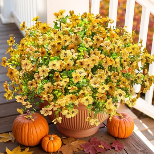 HyeFlora Artificial Fall Flowers Faux Mums for Outdoor Indoor Garden Home Decoration, Faux Flower Daisy with Eucalyptus Leaves Fake Plants Greenery Boxwood Porch Patio, 12 Bundles (Yellow) - color: Yellow