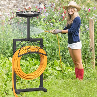 Garden Hose Holder, Freestanding Holds 150ft with Bird Feeder - style: Floral With bird feeder