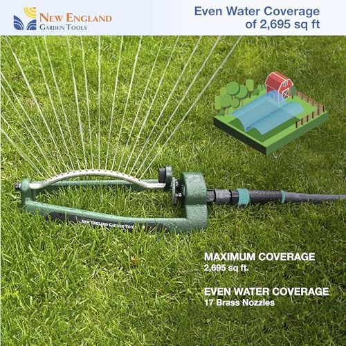 Oscillating Sprinkler 100006, Adjustable Pattern to Cover Up to 2,695 Square Feet, 17 Brass Nozzles on Metal Tube for Even Lawn Watering, by New England Garden Tools