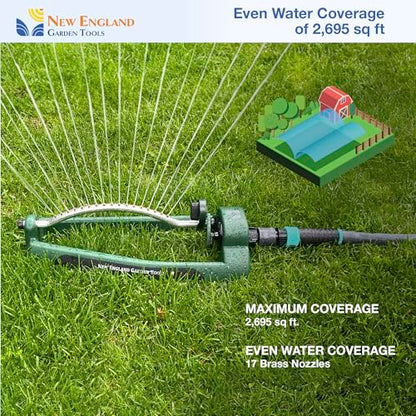 Oscillating Sprinkler 100006, Adjustable Pattern to Cover Up to 2,695 Square Feet, 17 Brass Nozzles on Metal Tube for Even Lawn Watering, by New England Garden Tools