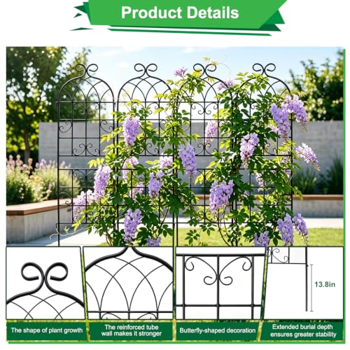 Lorenzo 72 x 80 inch Metal Garden Trellis for Climbing Plants, Black Metal Coating Rustproof, Perfect for Supporting Climbing Plants Outdoor - style: 4 Pack