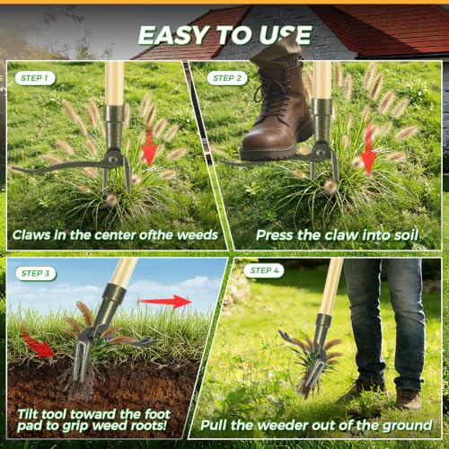 Stand Up Weed Puller Tool with Bamboo Long Handle for Garden - color: Bamboo brown