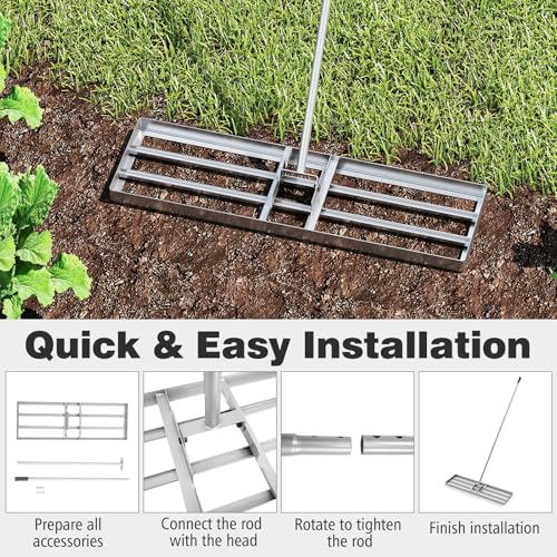 36" x 10" Lawn Leveling Rake, Heavy Duty Landscape Rake with 69" Handle, Non-Slip Grip & Flat Head, Space-Saving Lawn Level Tool for Garden, Backyard, Golf Course & Sports Field (Silver) - color: Silver