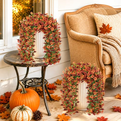 6 Pcs Artificial Hanging Mums for Outdoors, UV Resistant Fake Fall Flowers - color: Red Orange With Green Leaves