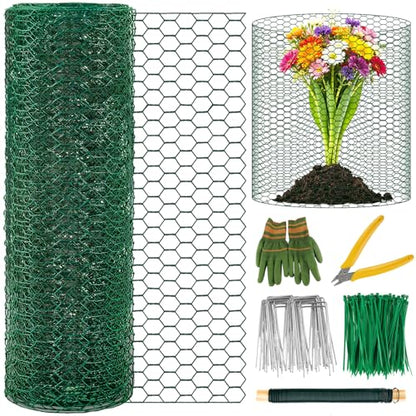 Plant Protectors from Animals, 16.4 x 16In Green PVC Coated Galvanized Chicken Wire Mesh Roll, 0.8mm Free-Cut Plant Cage with Ties, Stakes, Gloves, Pliers & Floral Wire (16.4Ft*20In) - size: 16.4Ft*20In