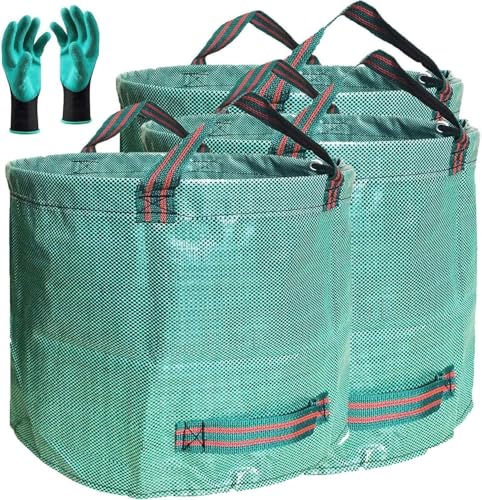 Professional 3-Pack 80 Gallon Lawn Garden Bags (D26, H33 inch) Reusable Yard Waste Bags with Gardening Gloves for Leaf Bag,Garden Pruning,Yard Debris Container,Lawn Grass Clippings,Weeds Bag 4 Handles