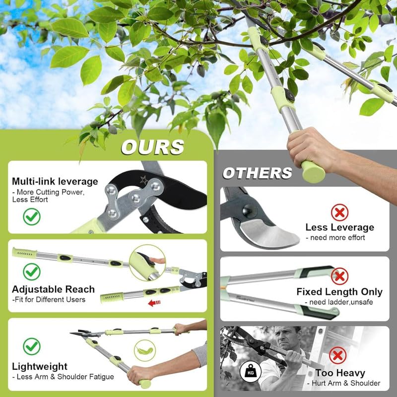 Heavy-Duty Extendable Anvil Lopper, 28"-41" Telescopic Tree Trimmer with Double Ratcheting Mechanism for 2" Branches - color: Green