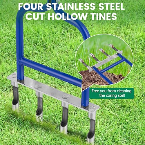 Spike Tine Fork Lawn Aerator – 4 Stainless Steel Cut Pipe Spikes Manual Gardening Hand Tool - Grass Dethatcher Aerator Lawn Tool with Solid Tines for Compacted Soil - Lawn Plugger Aerator.