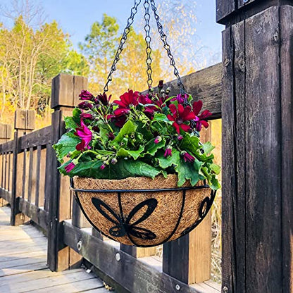 Metal Hanging Planter Flower Basket with Coco Liner for Plants Outdoor Garden Decoration Porch Decor Watering Pot Indoor - Butterfly Pattern, 12 Inch, 2 Pack