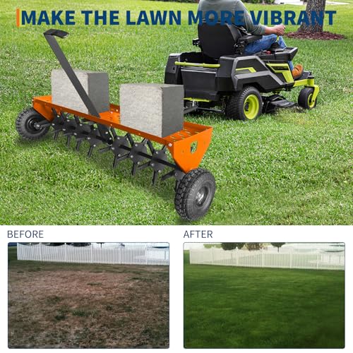Heavy Duty 48" Tow Behind Lawn Core Aerator – Galvanized Steel Construction, 3" Spikes, Inflatable Wheels, All-Purpose Hitch – Ideal for Lawn Tractor, Mower, ATV – Yard, Garden, Farm Tool Set